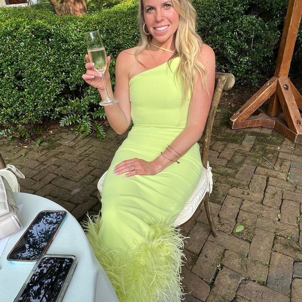Green dress with feathers - house of cb bought from Nordstrom!